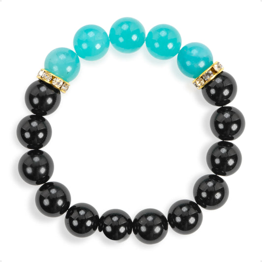 SENLLY Aqua Balance - Beaded Stretch Bracelet with Black Agate & Amazonite, Handmade Natural Stone Jewelry for Calm, Clarity & Emotional Balance