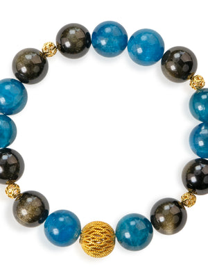 SENLLY Ocean Ember - Beaded Stretch Bracelet with Natural Blue Apatite & Gold Obsidian, Handcrafted Natural Stone Jewelry with Gold Accents for Strength, Balance & Modern Contrast