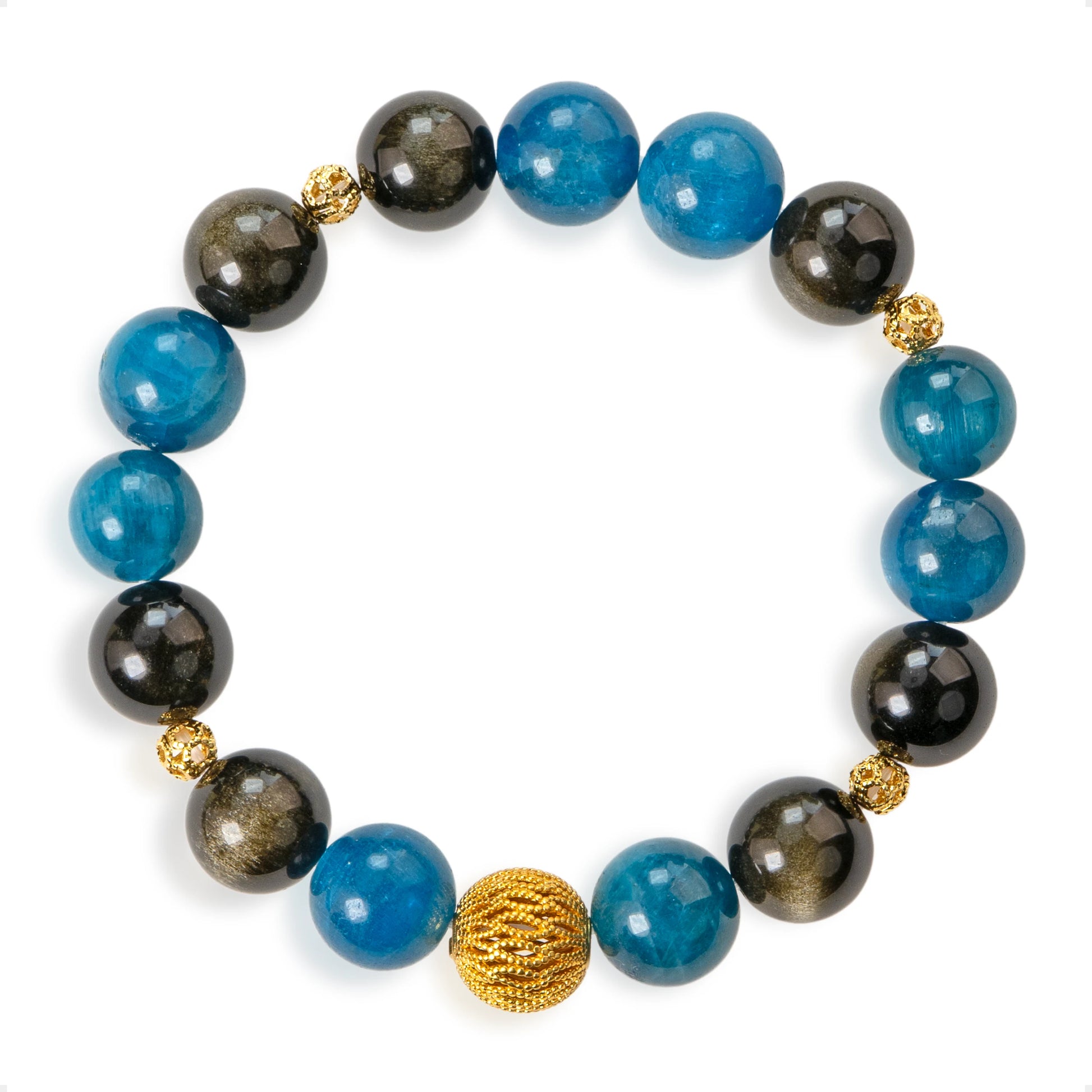 SENLLY Ocean Ember - Beaded Stretch Bracelet with Natural Blue Apatite & Gold Obsidian, Handcrafted Natural Stone Jewelry with Gold Accents for Strength, Balance & Modern Contrast