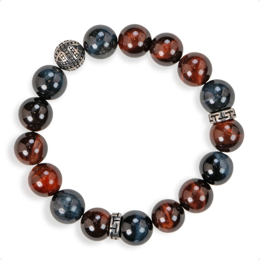 SENLLY Obsidian Vanguard - Beaded Stretch Bracelet with Natural Red & Blue Tiger Eye, Handcrafted Natural Stone Jewelry for Strength, Focus & Grounding