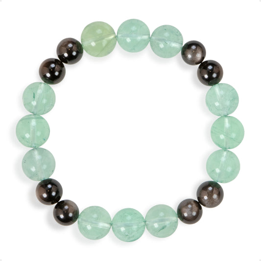 SENLLY Verdant Shield - Beaded Stretch Bracelet with Natural Green Fluorite & Silver Obsidian, Handcrafted Natural Stone Jewelry for Clarity & Protection