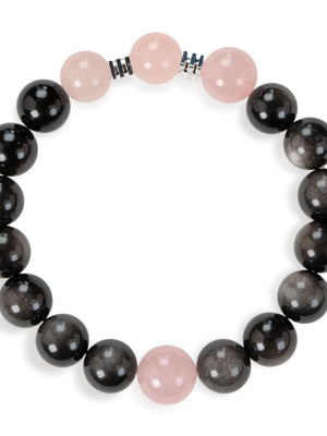 SENLLY Midnight Rose - Beaded Stretch Bracelet with Silver Obsidian & Rose Quartz, Handmade Natural Stone Jewelry for Balance, Protection & Emotional Clarity