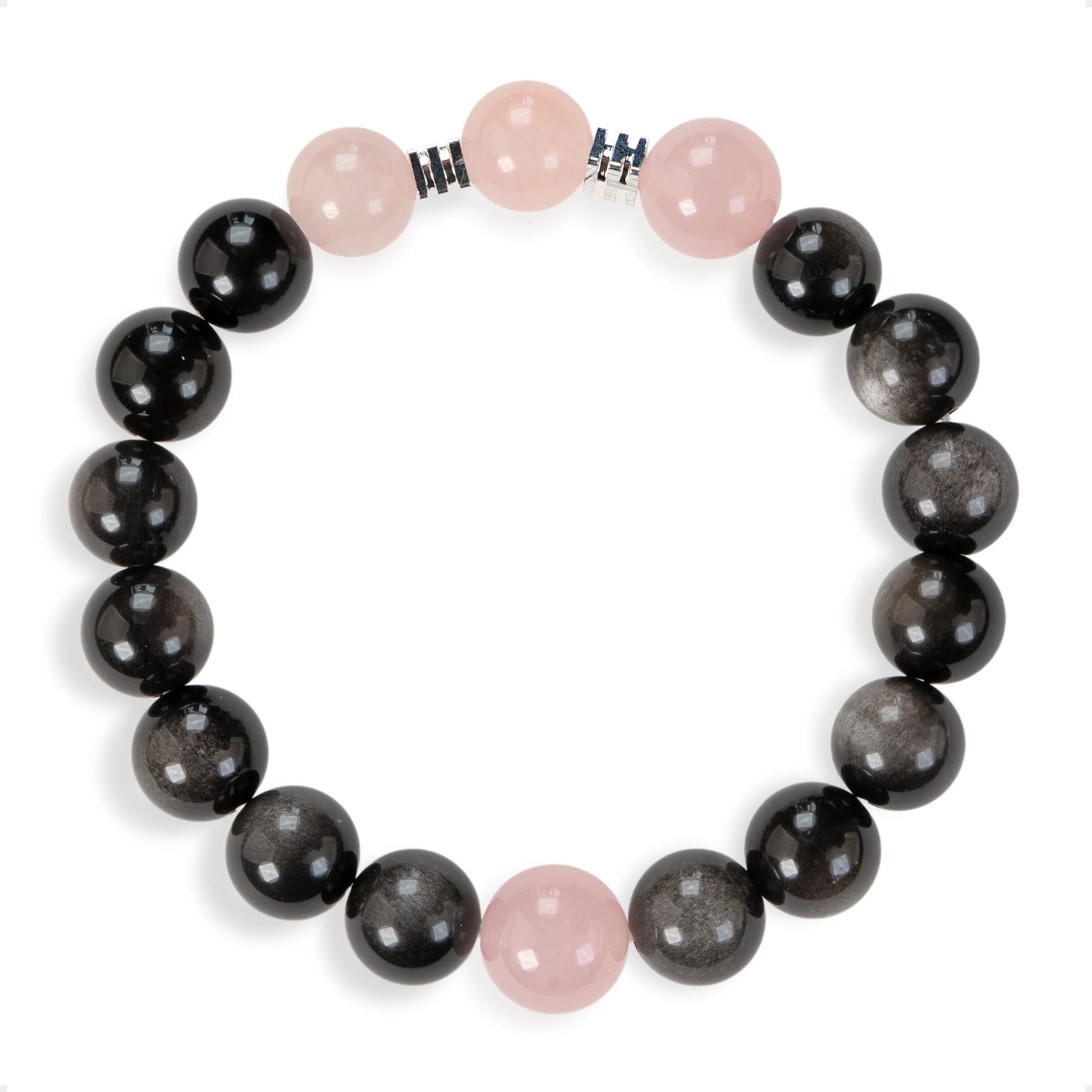SENLLY Midnight Rose - Beaded Stretch Bracelet with Silver Obsidian & Rose Quartz, Handmade Natural Stone Jewelry for Balance, Protection & Emotional Clarity