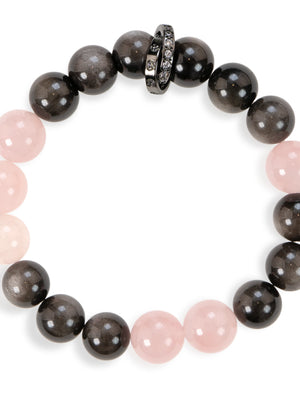 SENLLY Soft Eclipse - Beaded Stretch Bracelet with Silver Obsidian & Rose Quartz, Handcrafted Natural Stone Jewelry for Calm, Balance & Clarity