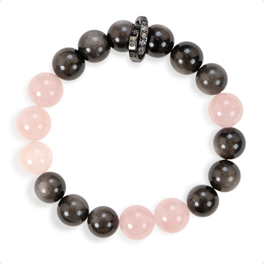 SENLLY Soft Eclipse - Beaded Stretch Bracelet with Silver Obsidian & Rose Quartz, Handcrafted Natural Stone Jewelry for Calm, Balance & Clarity