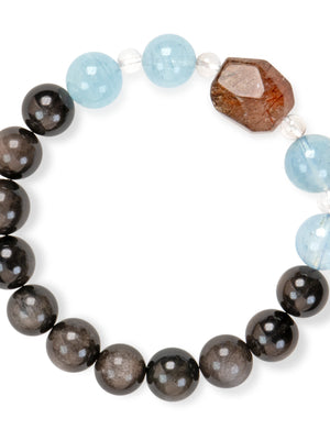 SENLLY Ocean Night Guardian - Beaded Bracelet with Natural Aquamarine, Silver Obsidian & Clear Quartz, Handcrafted Natural Stone Jewelry Featuring a Black Gold Super Seven Centerpiece