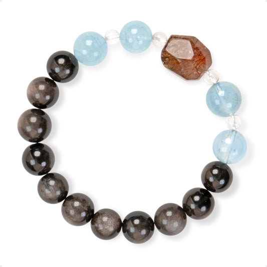 SENLLY Ocean Night Guardian - Beaded Bracelet with Natural Aquamarine, Silver Obsidian & Clear Quartz, Handcrafted Natural Stone Jewelry Featuring a Black Gold Super Seven Centerpiece