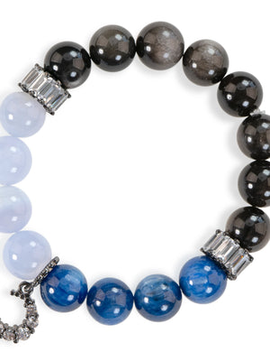 SENLLY Moonlit Serenity - Beaded Bracelet with Silver Obsidian, Blue Lace Agate & Kyanite, Handmade Natural Stone Jewelry with Crescent Charm for Protection & Clarity