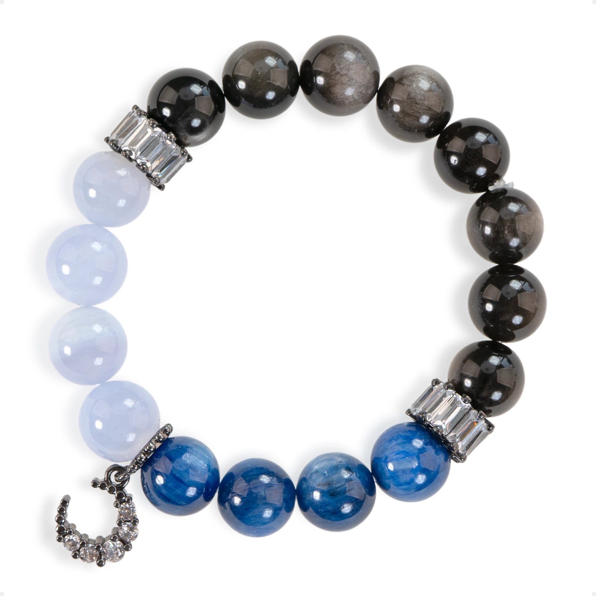 SENLLY Moonlit Serenity - Beaded Bracelet with Silver Obsidian, Blue Lace Agate & Kyanite, Handmade Natural Stone Jewelry with Crescent Charm for Protection & Clarity