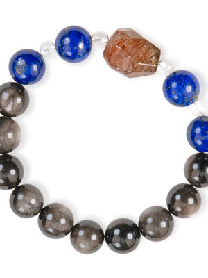 SENLLY Midnight Vision - Beaded Bracelet with Natural Lapis Lazuli, Silver Obsidian & Clear Quartz, Handcrafted Natural Stone Jewelry Featuring a Black Gold Super Seven Centerpiece