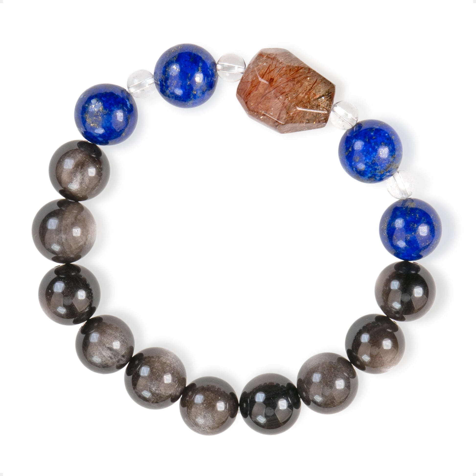 SENLLY Midnight Vision - Beaded Bracelet with Natural Lapis Lazuli, Silver Obsidian & Clear Quartz, Handcrafted Natural Stone Jewelry Featuring a Black Gold Super Seven Centerpiece
