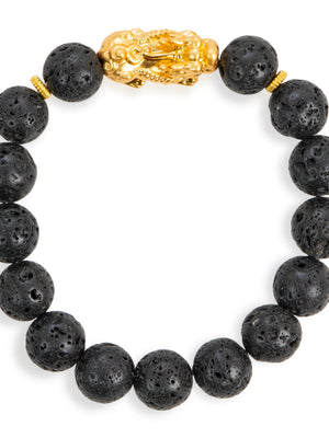 SENLLY Shadow Ember - Beaded Stretch Bracelet with Lava Rock & Brass Pixiu, Handmade Natural Stone Jewelry for Grounding, Balance & Comfort