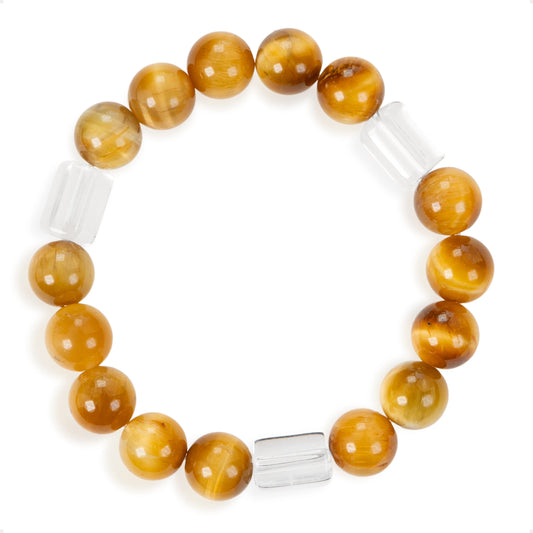 SENLLY Golden Clarity - Gold Tiger Eye & Clear Quartz Bracelet, Handcrafted Natural Stone Jewelry with Radiant Warm Glow & Crystal Accents