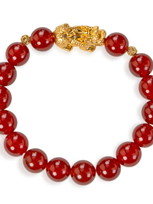 SENLLY Radiant Ember - Beaded Stretch Bracelet with Red Agate & Brass Pixiu Charm, Handmade Natural Stone Jewelry for Confidence, Balance & Vitality