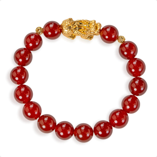 SENLLY Radiant Ember - Beaded Stretch Bracelet with Red Agate & Brass Pixiu Charm, Handmade Natural Stone Jewelry for Confidence, Balance & Vitality