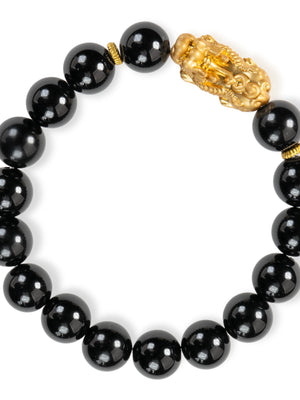 SENLLY Golden Guardian - Beaded Stretch Bracelet with Black Agate & Brass Pixiu Charm, Handmade Natural Stone Jewelry for Balance, Confidence & Grounding
