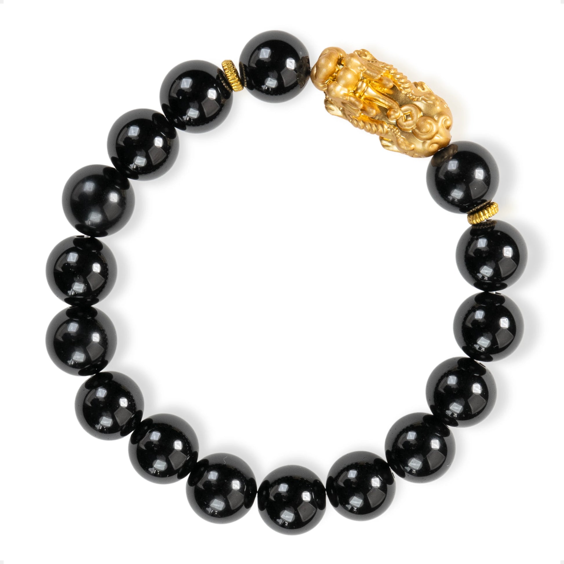 SENLLY Golden Guardian - Beaded Stretch Bracelet with Black Agate & Brass Pixiu Charm, Handmade Natural Stone Jewelry for Balance, Confidence & Grounding