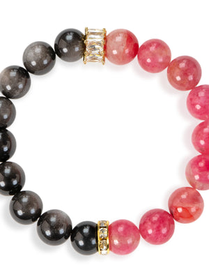 SENLLY Rose Shadow Harmony - Beaded Stretch Bracelet with Rhodonite & Silver Obsidian, Handmade Natural Stone Jewelry for Emotional Healing, Balance & Confidence