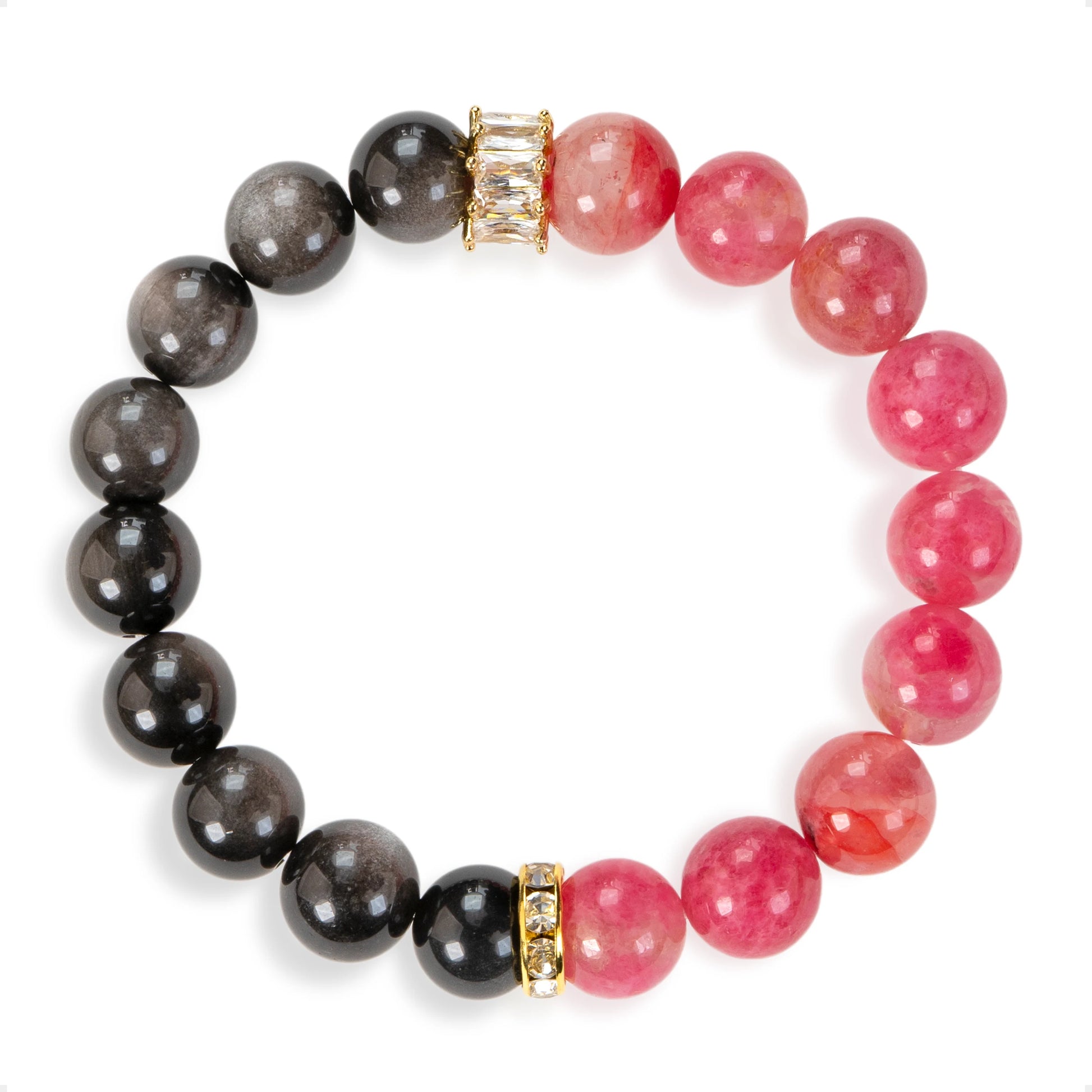 SENLLY Rose Shadow Harmony - Beaded Stretch Bracelet with Rhodonite & Silver Obsidian, Handmade Natural Stone Jewelry for Emotional Healing, Balance & Confidence
