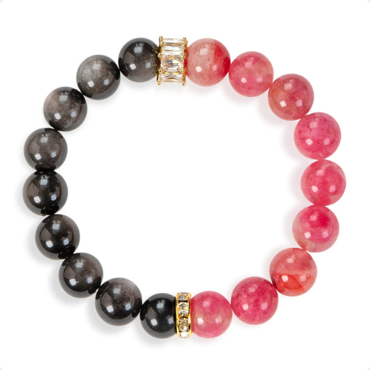 SENLLY Rose Shadow Harmony - Beaded Stretch Bracelet with Rhodonite & Silver Obsidian, Handmade Natural Stone Jewelry for Emotional Healing, Balance & Confidence