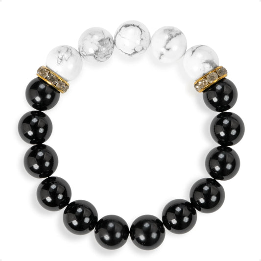 SENLLY Monochrome Balance - Beaded Stretch Bracelet with Howlite & Black Agate, Handmade Natural Stone Jewelry for Calm, Focus & Grounding