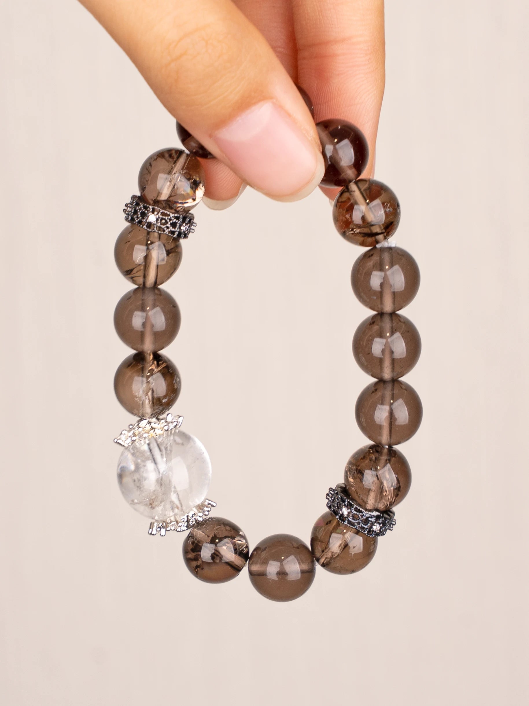 SENLLY Shadow Clarity - Beaded Stretch Bracelet with Natural Smoky Quartz & Clear Quartz, Handcrafted Natural Stone Jewelry for Grounding, Focus & Emotional Balance
