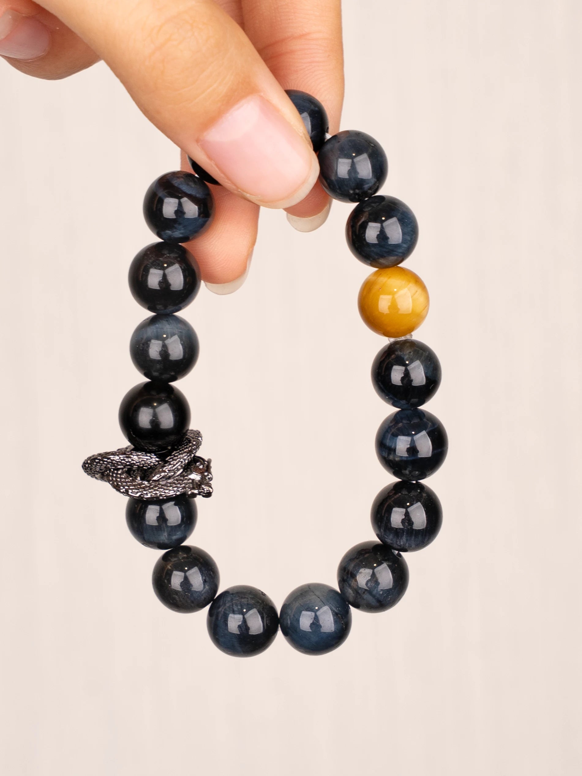 SENLLY Midnight Serpent - Blue Tiger Eye Bracelet with Gold Tiger Eye Accent, Handcrafted Natural Stone Jewelry for Protection, Focus & Bold Style