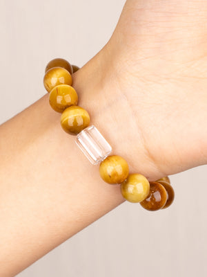 SENLLY Golden Clarity - Gold Tiger Eye & Clear Quartz Bracelet, Handcrafted Natural Stone Jewelry with Radiant Warm Glow & Crystal Accents