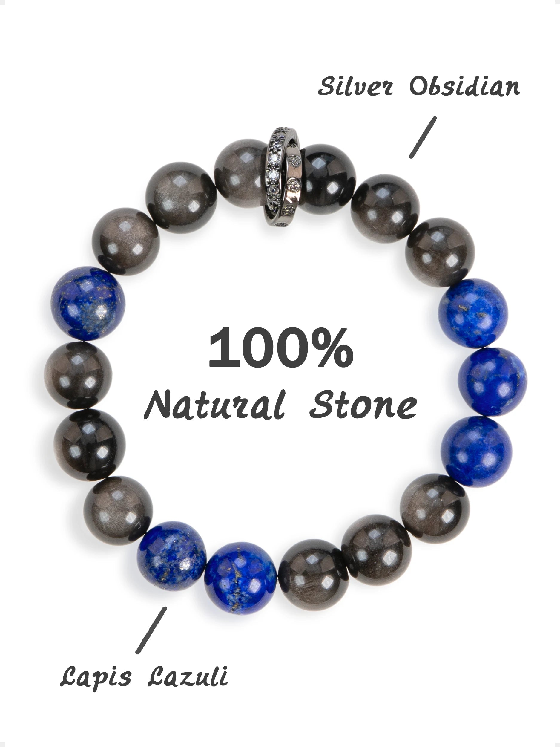 SENLLY Midnight Crest - Beaded Stretch Bracelet with Silver Obsidian & Lapis Lazuli, Handcrafted Natural Stone Jewelry for Clarity, Balance & Confidence