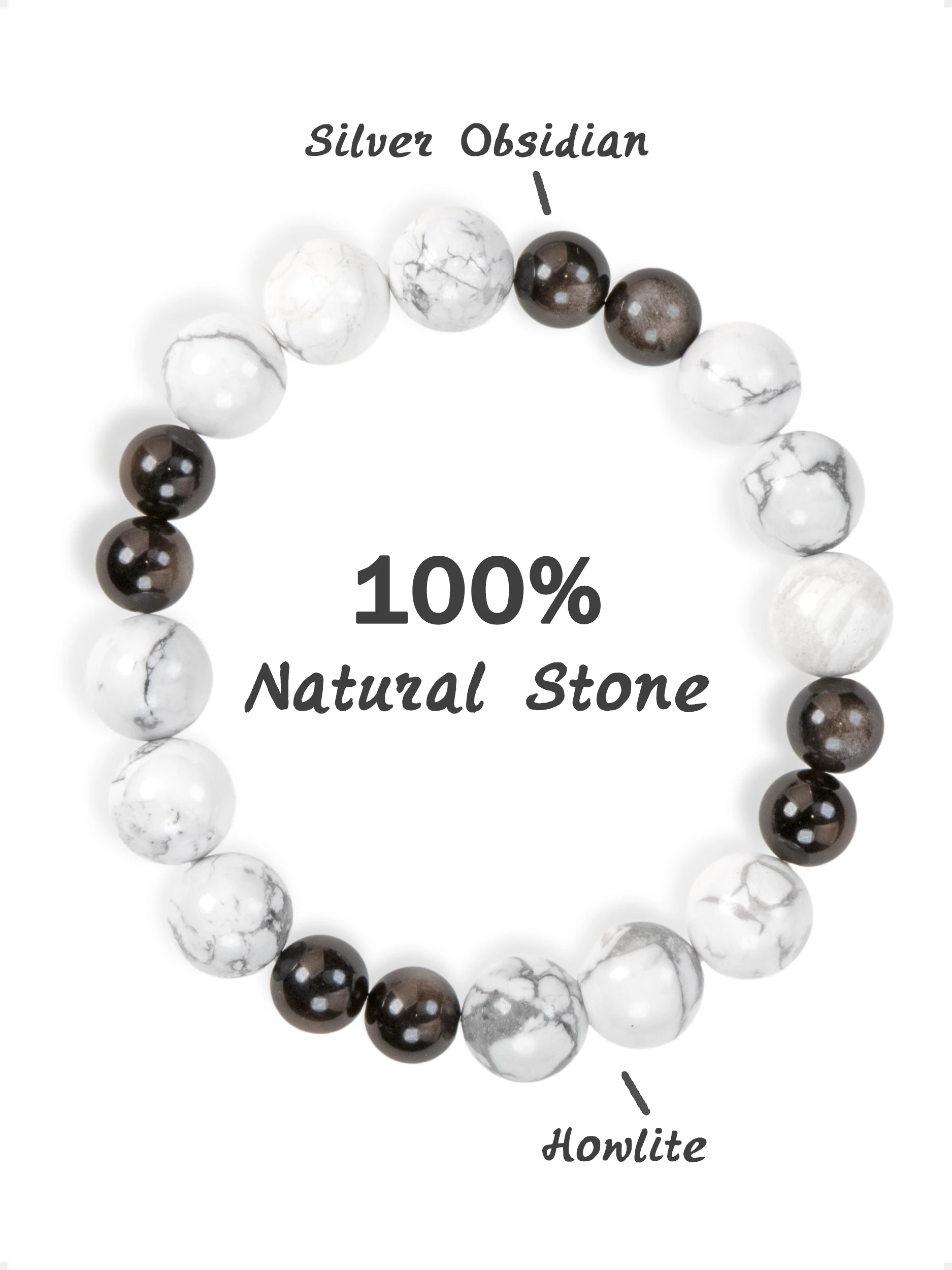 SENLLY Frosted Balance - Beaded Stretch Bracelet with Natural Silver Obsidian & Howlite, Handcrafted Natural Stone Jewelry for Calmness & Grounding