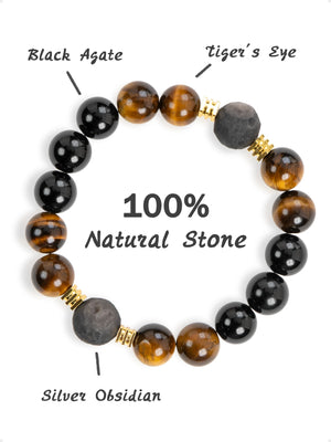 SENLLY Earthbound Focus - Beaded Stretch Bracelet with Tiger Eye, Black Agate & Silver Obsidian, Handmade Natural Stone Jewelry for Confidence, Balance & Clarity