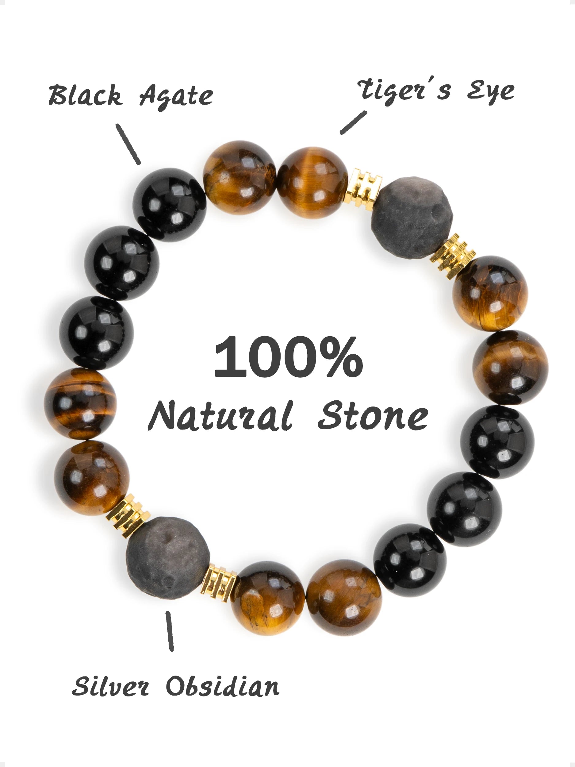 SENLLY Earthbound Focus - Beaded Stretch Bracelet with Tiger Eye, Black Agate & Silver Obsidian, Handmade Natural Stone Jewelry for Confidence, Balance & Clarity