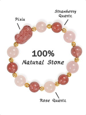 SENLLY Rose Promise - Beaded Stretch Bracelet with Natural Strawberry Quartz, Rose Quartz & Pixiu Carving, Handcrafted Natural Stone Jewelry for Love, Clarity & Emotional Harmony