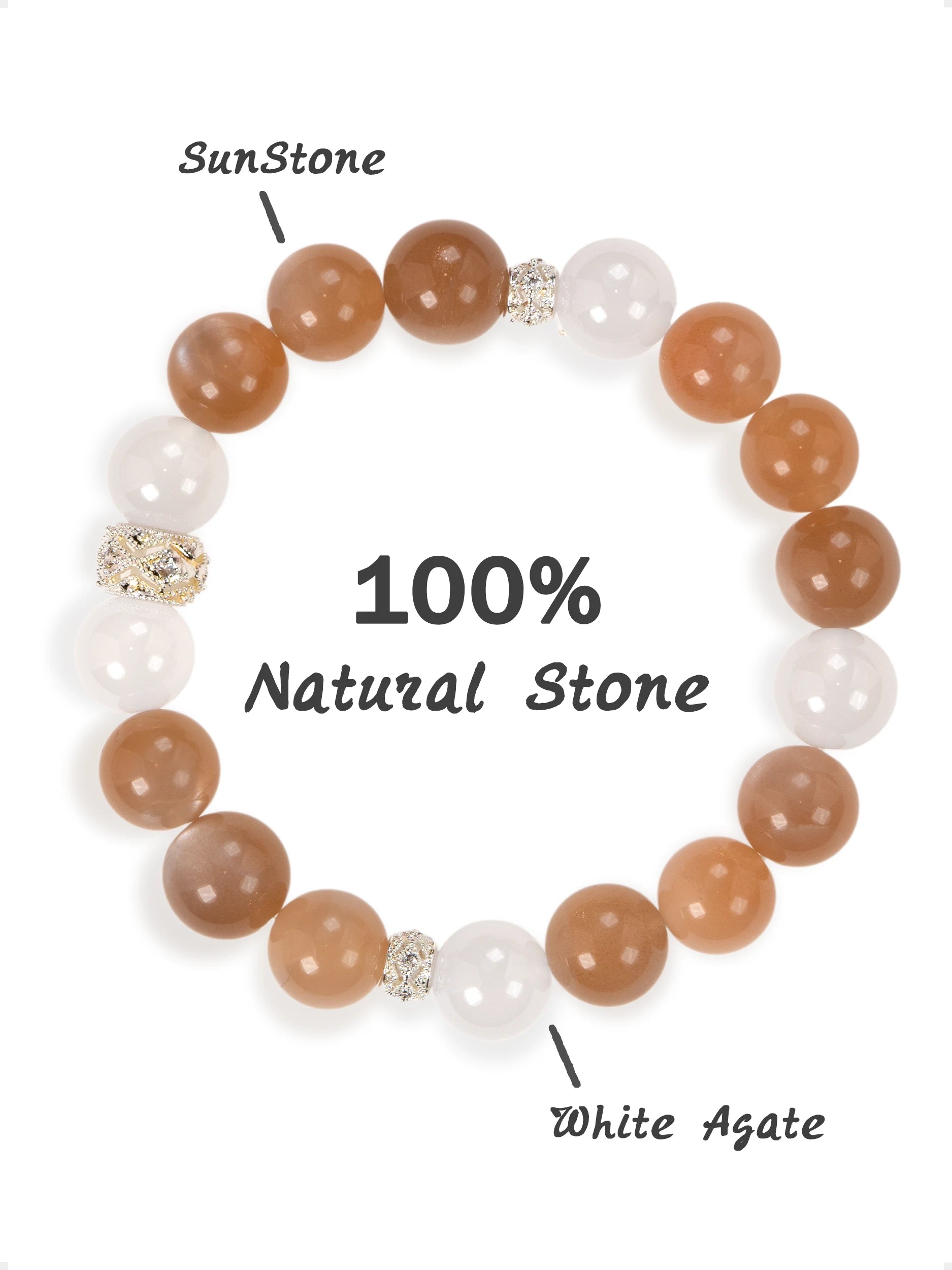 SENLLY Warm Serenity - Beaded Stretch Bracelet with Natural Sunstone & White Agate, Handcrafted Natural Stone Jewelry for Warmth, Clarity & Emotional Balance