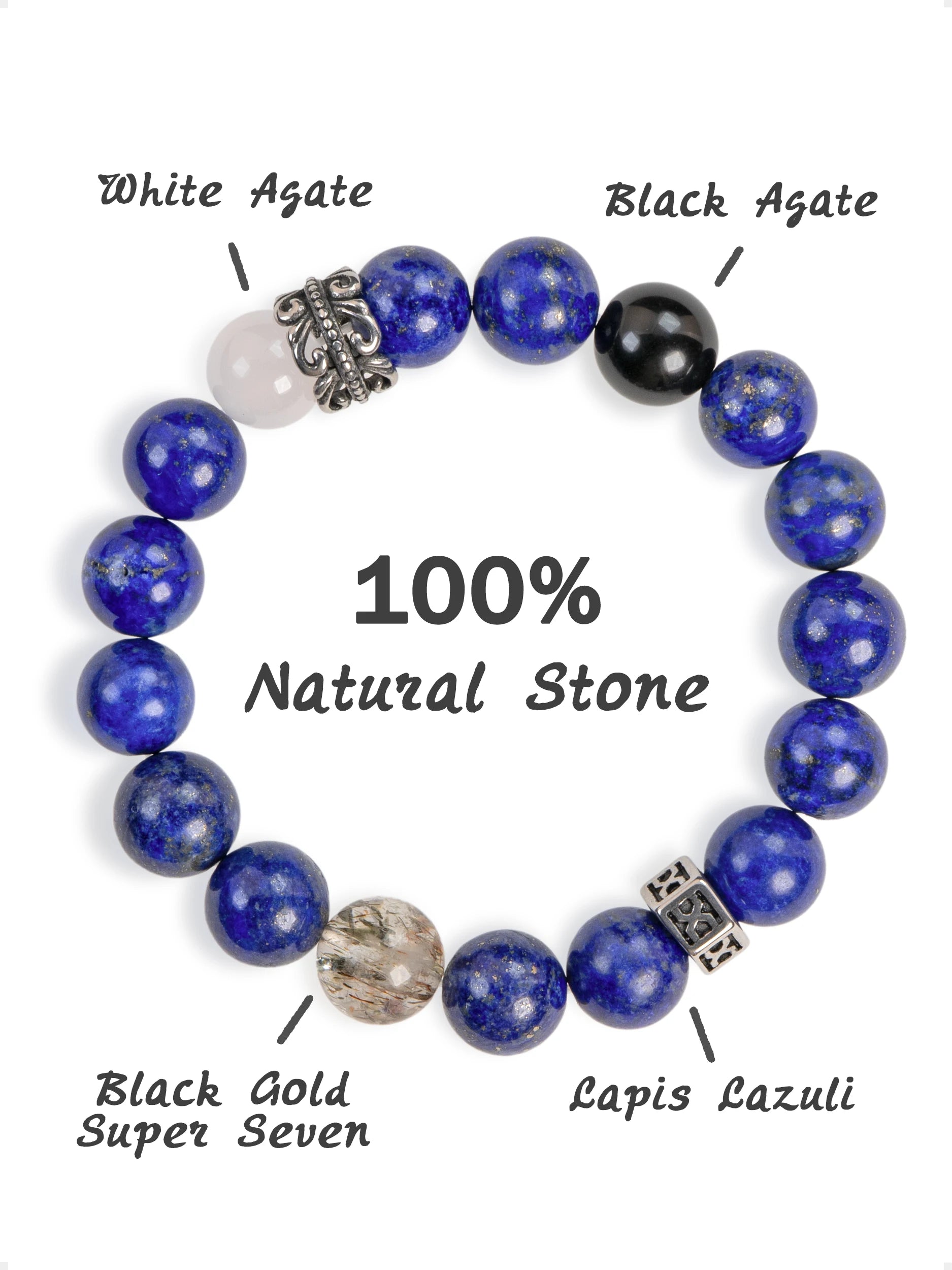 SENLLY Midnight Crest - Beaded Stretch Bracelet with Natural Lapis Lazuli, White Agate & Black Gold Super Seven, Handcrafted Natural Stone Jewelry for Strength, Balance & Modern Style