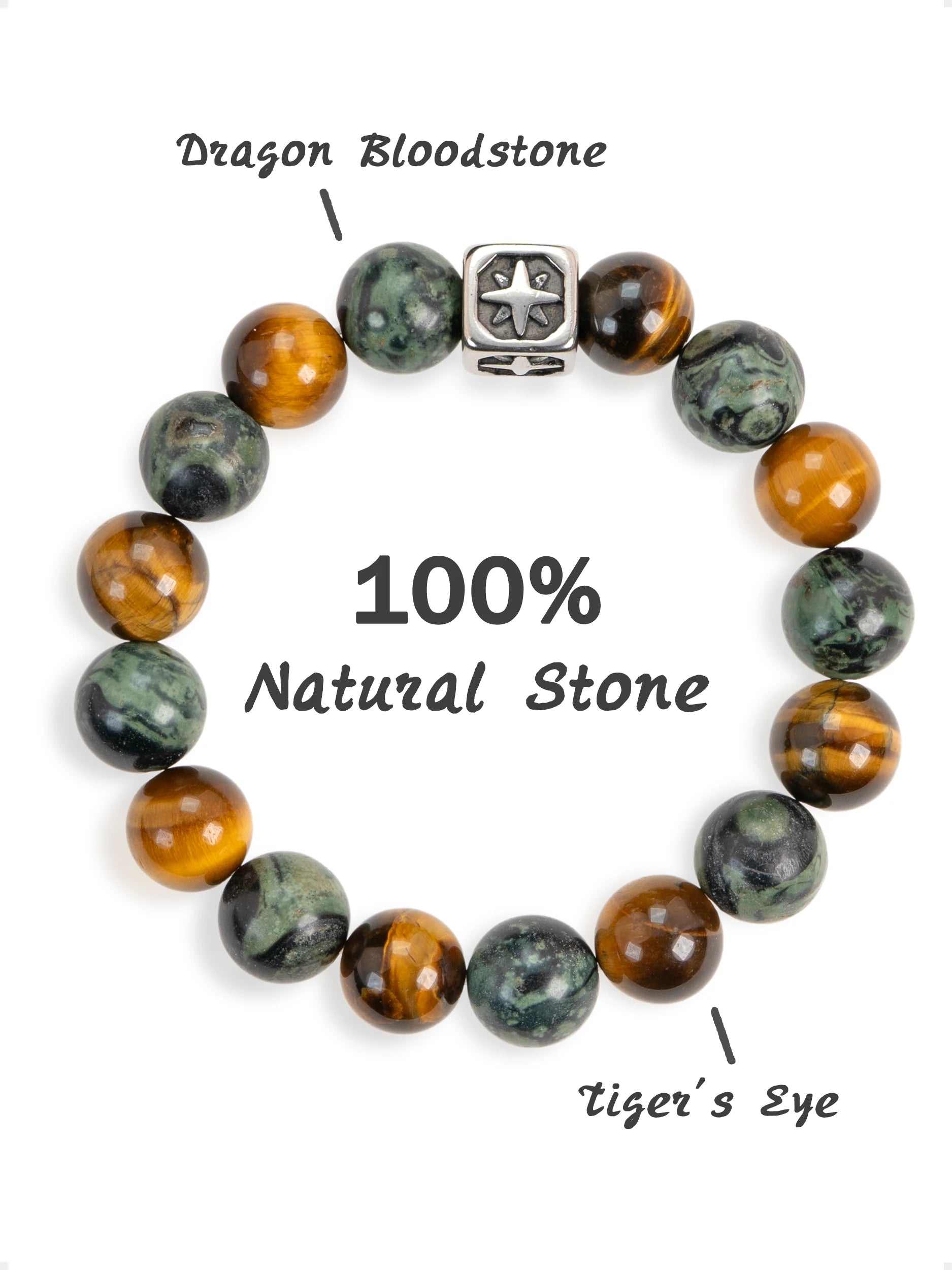 SENLLY Ember Guardian - Beaded Stretch Bracelet with Natural Tiger Eye, Dragon Bloodstone & Metal Accent, Handcrafted Natural Stone Jewelry for Strength, Focus & Grounding