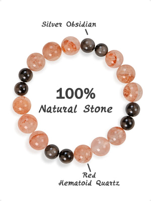 SENLLY Ember Shadow - Beaded Stretch Bracelet with Natural Red Hematoid Quartz & Silver Obsidian, Handcrafted Natural Stone Jewelry for Energy & Protection