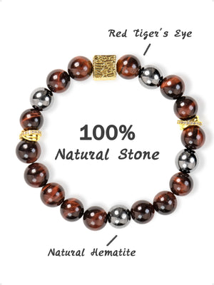 SENLLY Ember Square - Handmade Red Tiger Eye & Natural Hematite Bracelet with Gold Square Accent, Natural Stone Beaded Stretch Jewelry