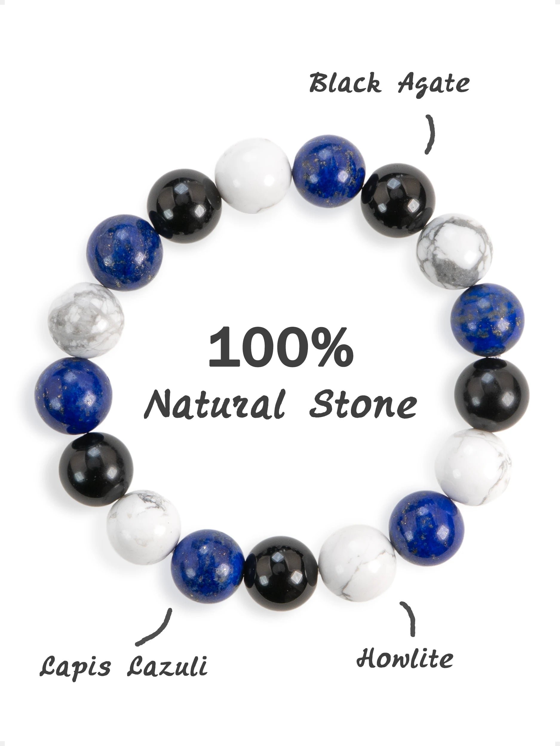 SENLLY Royal Balance - Lapis Lazuli, Howlite & Black Agate Beaded Bracelet, Handmade Natural Stone Jewelry for Insight, Calm & Stability