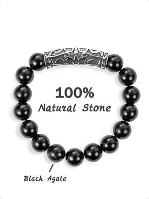 SENLLY Midnight Carve - Beaded Stretch Bracelet with Black Agate & Vintage Silver Tube, Handcrafted Natural Stone Jewelry for Strength, Grounding & Modern Minimalism