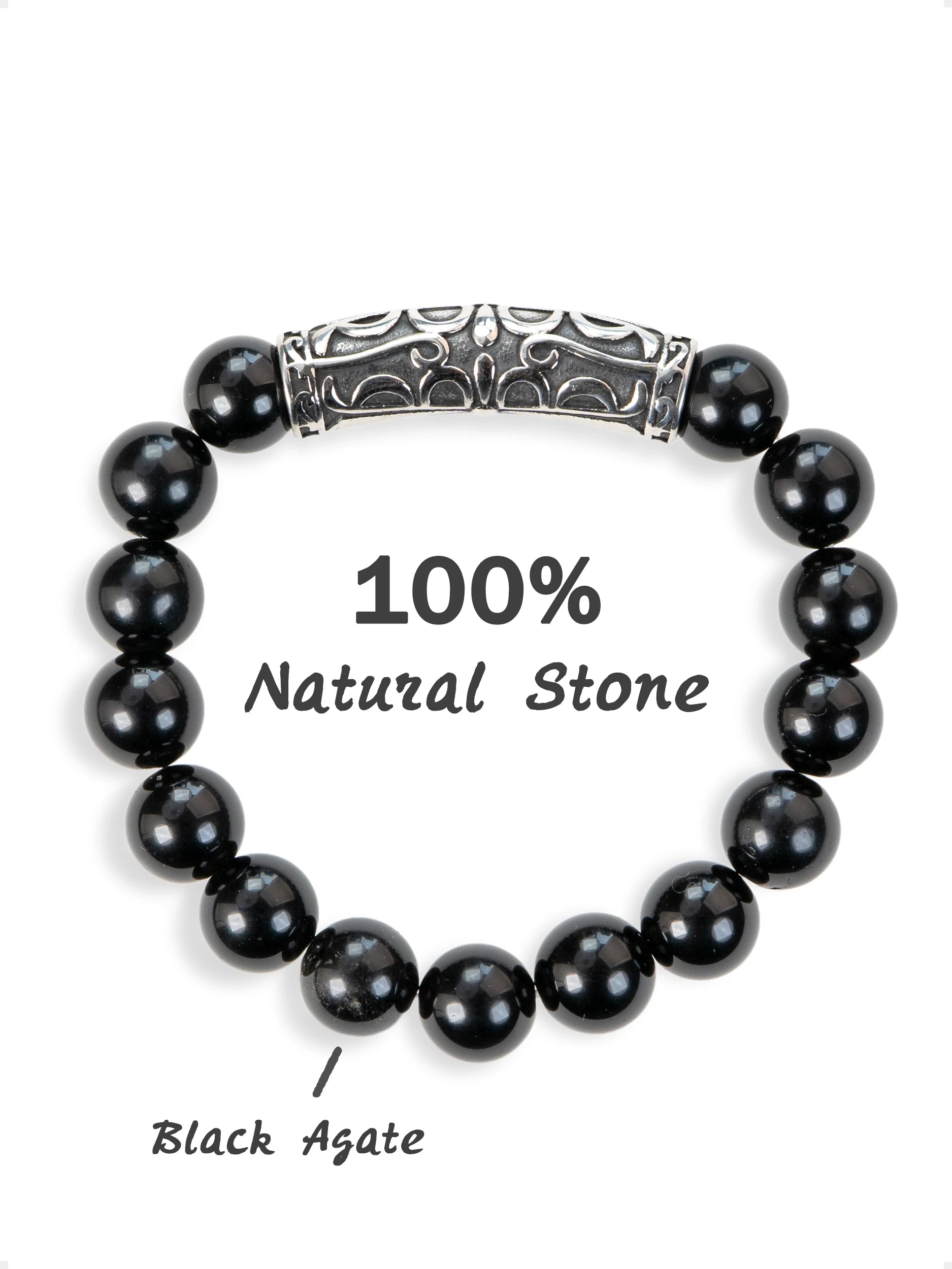 SENLLY Midnight Carve - Beaded Stretch Bracelet with Black Agate & Vintage Silver Tube, Handcrafted Natural Stone Jewelry for Strength, Grounding & Modern Minimalism