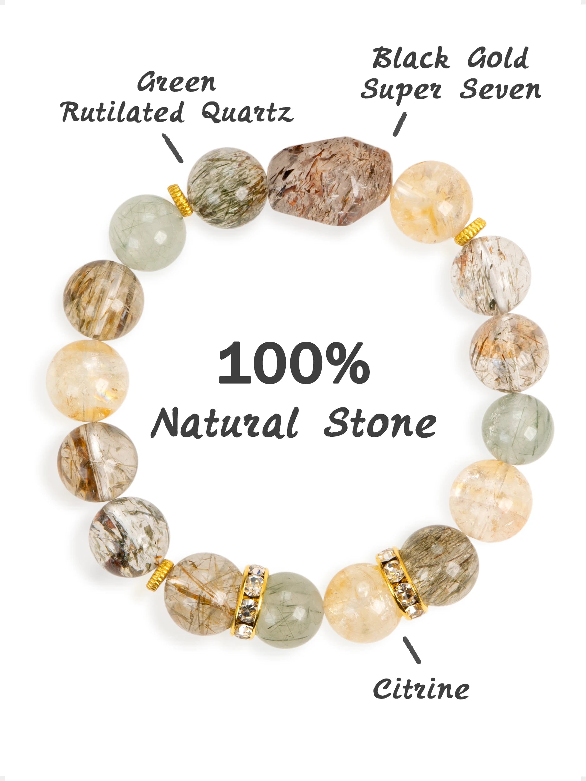 SENLLY Golden Aura - Bracelet with Super Seven, Green Rutilated Quartz & Citrine, Handcrafted Natural Stone Jewelry for Clarity, Wealth Energy & Daily Balance