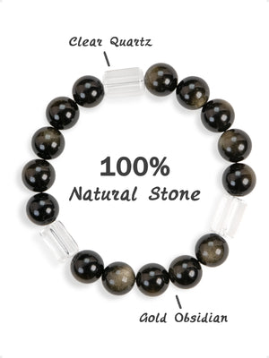 SENLLY Midnight Glow - Gold Obsidian & Clear Quartz Bracelet, Handcrafted Natural Stone Jewelry with Deep Shimmer & Crystal Clarity