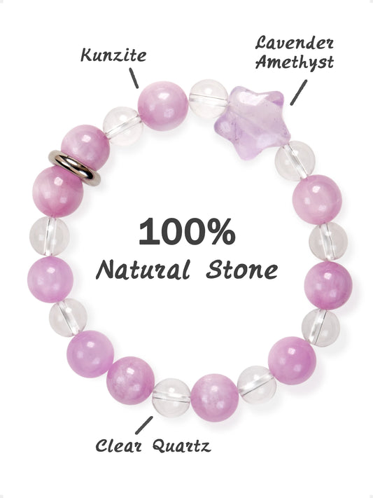 SENLLY Blossom Whisper - Beaded Stretch Bracelet with Natural Kunzite, Clear Quartz & Lavender Amethyst, Handcrafted Natural Stone Jewelry for Calm, Love & Emotional Clarity