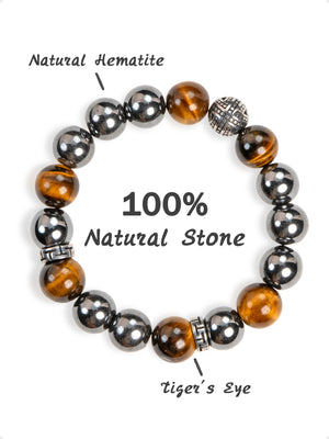 SENLLY Steel Aegis - Beaded Stretch Bracelet with Natural Hematite & Tiger Eye, Handcrafted Natural Stone Jewelry for Strength, Focus & Grounding