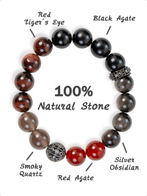 SENLLY Shadow Ember - Beaded Bracelet with Black Agate, Red Tiger Eye, Smoky Quartz, Red Agate & Silver Obsidian, Handmade Natural Stone Jewelry for Strength, Protection & Stability