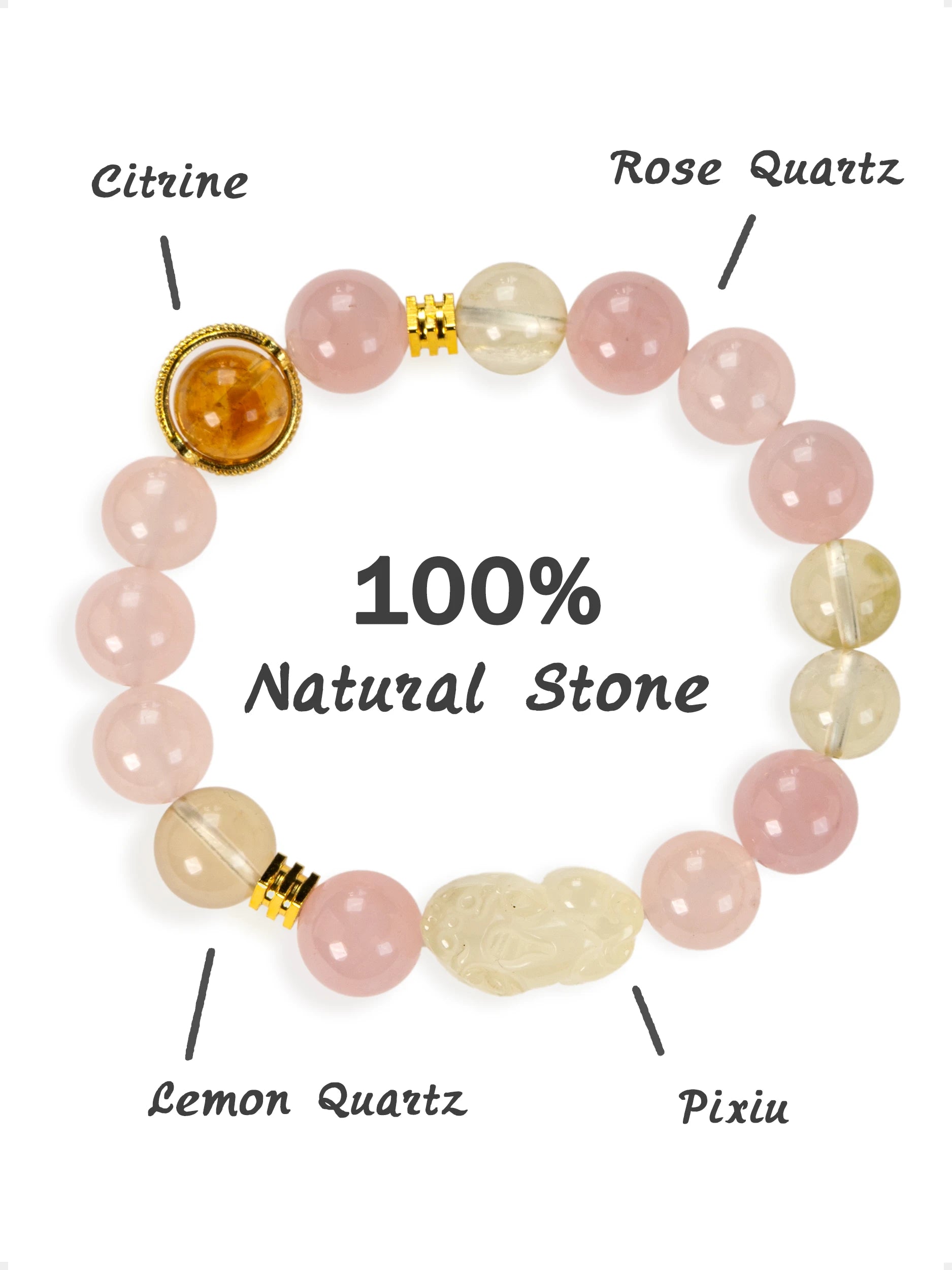 SENLLY Blossom Fortune - Beaded Stretch Bracelet with Rose Quartz, Lemon Quartz & Pixiu Citrine, Handmade Natural Stone Jewelry for Luck, Harmony & Positive Energy