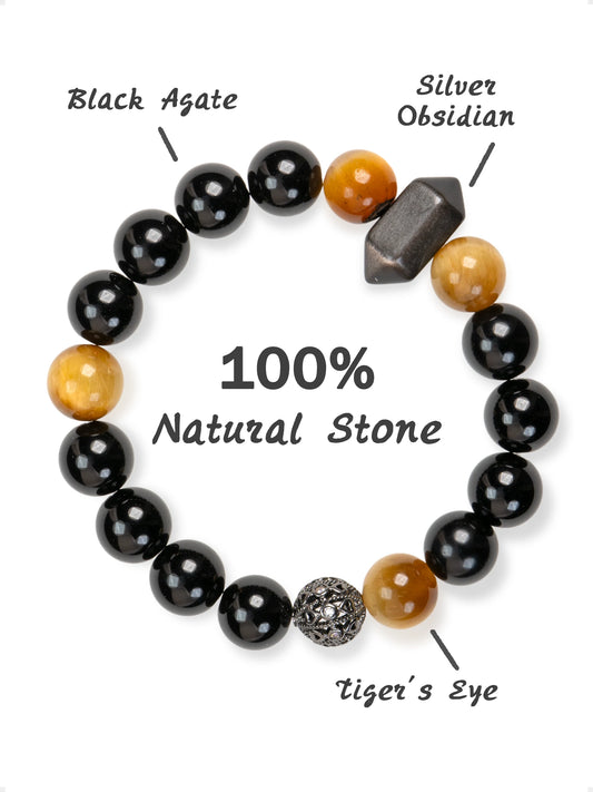 SENLLY Ember Shadow - Black Agate, Tiger Eye & Silver Obsidian Bracelet, Handcrafted Natural Stone Jewelry for Strength & Modern Style