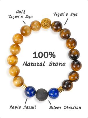 SENLLY Regal Golden Vision - Gold Tiger Eye, Lapis Lazuli & Silver Obsidian Beaded Bracelet, Handcrafted Natural Stone Jewelry for Strength, Insight & Confidence