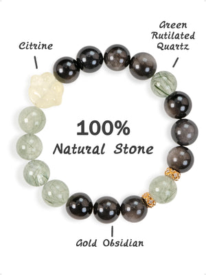 SENLLY Shadow Grove - Beaded Stretch Bracelet with Natural Gold Obsidian, Green Rutilated Quartz & Citrine, Handcrafted Natural Stone Jewelry for Protection, Clarity & Balance